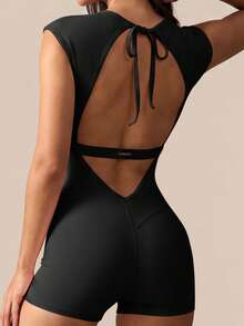 SHEIN BAE 純色露背修身運動連身褲 - 黑色 - 查看 1