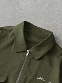 PAVTROS Men's Plus Size Letter Print Lapel Zip-Up Casual Commute Short Sleeve Shirt, Workwear Style , Minimalist Premium, Commute, Casual, Fashion, Holiday Gift, Best Gift - Olive Green - View 4