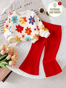 SHEIN Playful Pals 1套女嬰休閒時尚可愛甜美3D仿刺繡花卉印花圓領衛衣與純色喇叭褲套裝，適合秋冬、日常、戶外穿著，基礎百搭時尚 - 彩色 - 查看 2