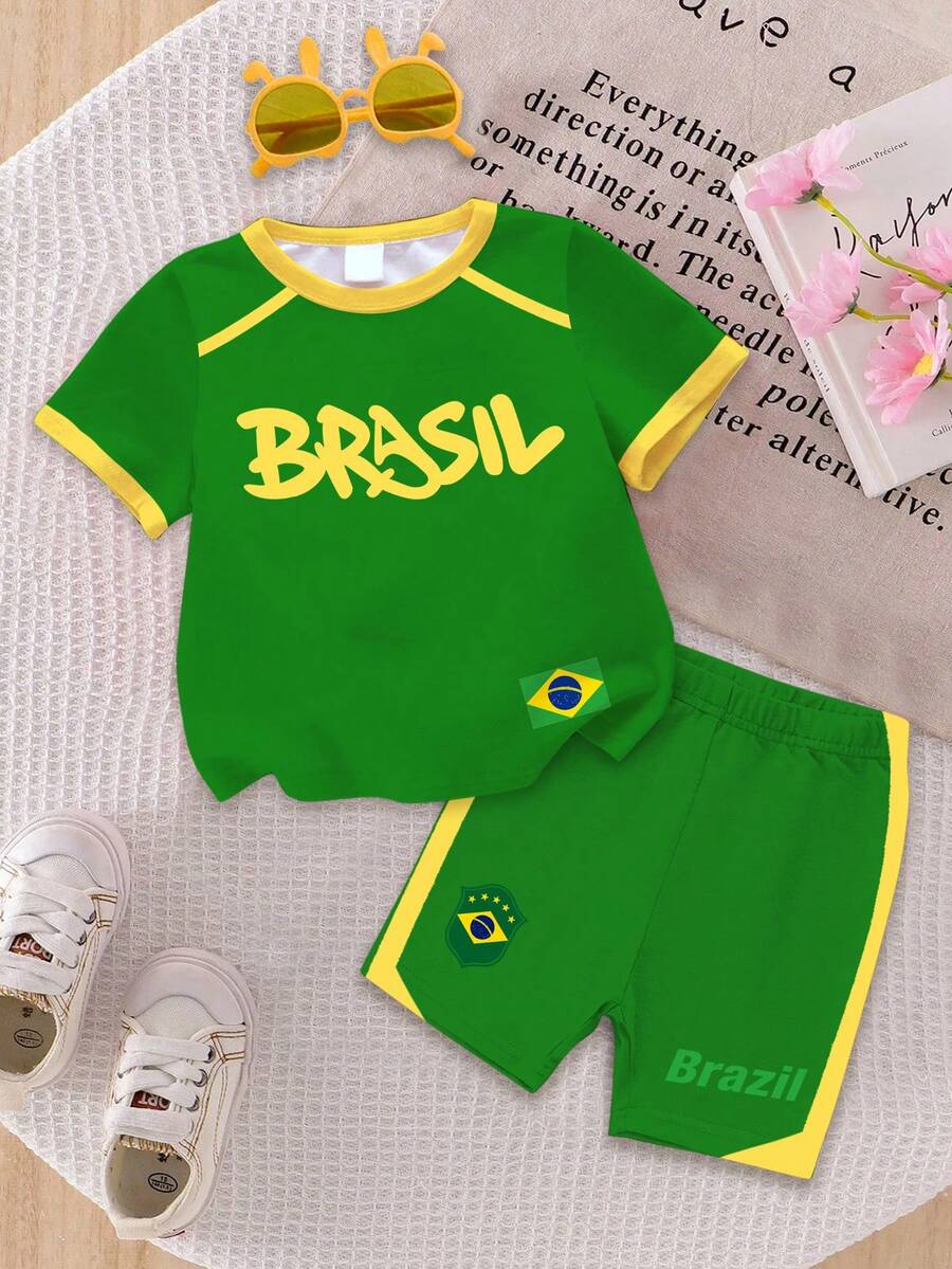Baby Girl 2-Piece Brazil Football Team Jersey Set, National Flag & Colorful Letter Print Short Sleeve Top And Shorts, Vintage, Collegiate, Classic, Fashion, Youthful And Street Style. Smooth And Comfortable Fabric, Ideal For Match Day. 2026 World Cup Sports Fashion Match Day Football Street Style Jersey - Multicolor - View 1