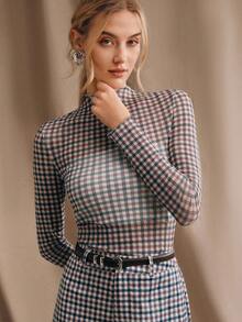 Anewsta Essential Women's Fashionable Retro Brown Plaid Slim Fit Lightweight Long Sleeve Summer Tops - Blue - View 5
