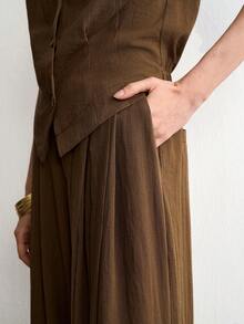 Aalyst Women's Fashion Commute Office Brunch Vacation Solid Color Top Wide Leg Pants 2 Pieces Set Dark Brown Summer Elegant Casual - Coffee Brown - View 5
