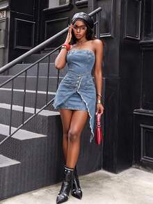 Jeanoix Women's Strapless Casual Daily Outing Washed Denim Dress - Medium Wash - View 6