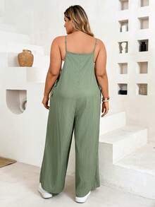 Plussiva Plus Size Maternity Square Neck Tie Strap Solid Color Jumpsuit - Green - View 6