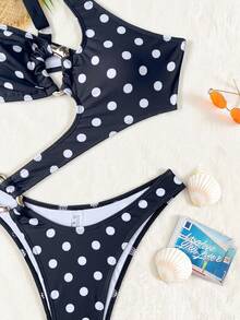 SHEIN Swim 女款波點金屬裝飾百褶單肩連身泳衣，適合海灘度假、泳池派對、海灘派對 - 黑與白 - 查看 6