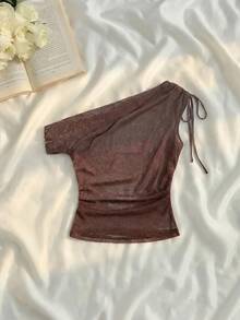 SHEIN MOD 女款素色不對稱肩褶皺休閒百搭日常旅行T恤 - 棕色 - 查看 4