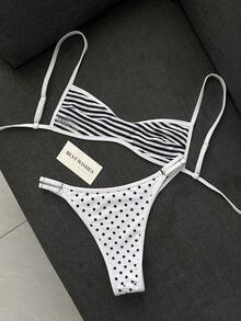 Swim Mod 女款海灘裝復古波點印花條紋印花可正反穿著微型比基尼抹胸式時尚休閒度假性感甜美可愛復古優雅泳衣兩件套 - 黑與白 - 查看 5