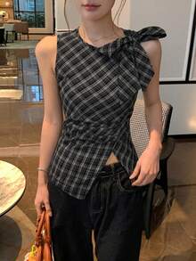 DAZY 女款圓領格紋韓式優雅無袖蝴蝶結襯衫 夏季 - 黑色 - 查看 3