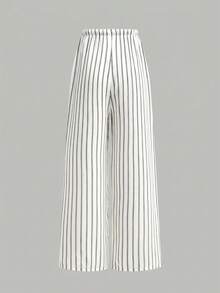 SHEIN Teen Girls Pants Summer Vacation Woven Striped Long Pants, Casual Versatile - Black and White - View 2