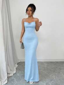 Selianne Banquet Glitter Sequined Spaghetti Strap Lace-Up Backless Mermaid Women's Dress - Baby Blue - View 3
