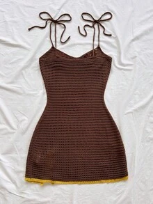 Soleia Women's Floral Applique Twist Bodycon Boho Camisole Sweater Dress Beach Brown And Yellow Autumn - Khaki - View 2