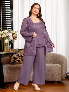 Reflora Plus Size Women 2 Pieces Set Autumn Winter Elegant Purple Rhinestone Decor Party Outfit Fall - Dusty Purple - View 7