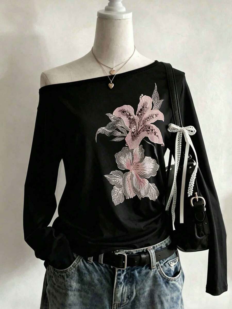 Lalippa Y2K Women's Faux Floral Print Comfortable Color Pattern Asymmetric Neck Casual Long Sleeve T-Shirt, Suitable For Spring/Summer Daily Wear And Gatherings - Black - View 1