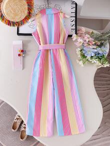 SHEIN Elladie kids 女童休閒度假百搭連身長褲，領口鈕扣前襟附腰帶，舒適柔軟皺褶丹寧風，適合秋季、野餐、出遊、姐妹穿搭、日常穿著 - 彩色 - 查看 3