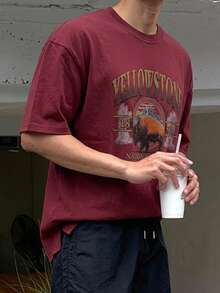 DAZY Men's Short Sleeve Burgundy Summer Letter Print T-Shirt Graphic Tees Men - Burgundy - View 4