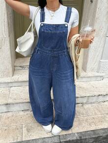 Rivivi Plus Size Women's Summer Curved Leg Denim Overalls Vacation Dusty Blue Casual Traditional Formal - Dark Wash - View 3