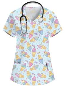 PopScrub Women's Blue V-Neck Short Sleeve Double Pocket Cute Cartoon Pattern, Cute Ice Cream Print, Nurse Doctor Work Uniform Top, Health Checkup Surgical Scrub Uniform, Pet Grooming Work Uniform Top, Nutritionist Workwear Short Sleeve, Laboratory Workwear, Multi-Pocket Functional Workwear, Functional Women's Holiday Clothing, Cute - Blue - View 1