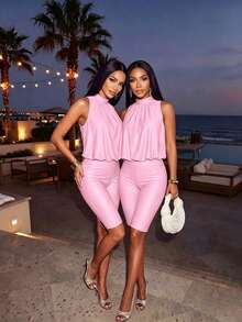 SOLERSUN Women's Halter-Neck Top And Fitted Knee-Length Shorts Set-Spring/Summer Old Money Aesthetic - Pink - View 11