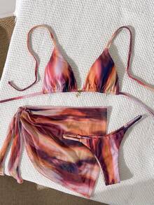 Elavelle Conjunto de bikini de 3 piezas con falda de cuello halter y estampado aleatorio para mujer, primavera/verano - Multicolor - Ver 2