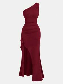 Pitira Teen Girls Partywear New Red Asymmetric Shoulder Pleated Hollow Out High Slit Dress, Long Dress - Burgundy - View 6