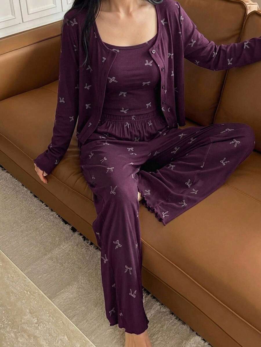 DAZY Set Piyama Wanita 3 Potong dengan Motif Pita dan Cetakan Seluruh Permukaan: Kardigan, Kamisol, dan Celana Panjang - Purple - View 1