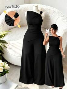 Elenzga Plus Size Women's New Black Sleeveless Asymmetric Shoulder Decor Button Waist Ruched Top And Wide Leg Pants Casual Versatile 2-Piece Set - Black - View 1