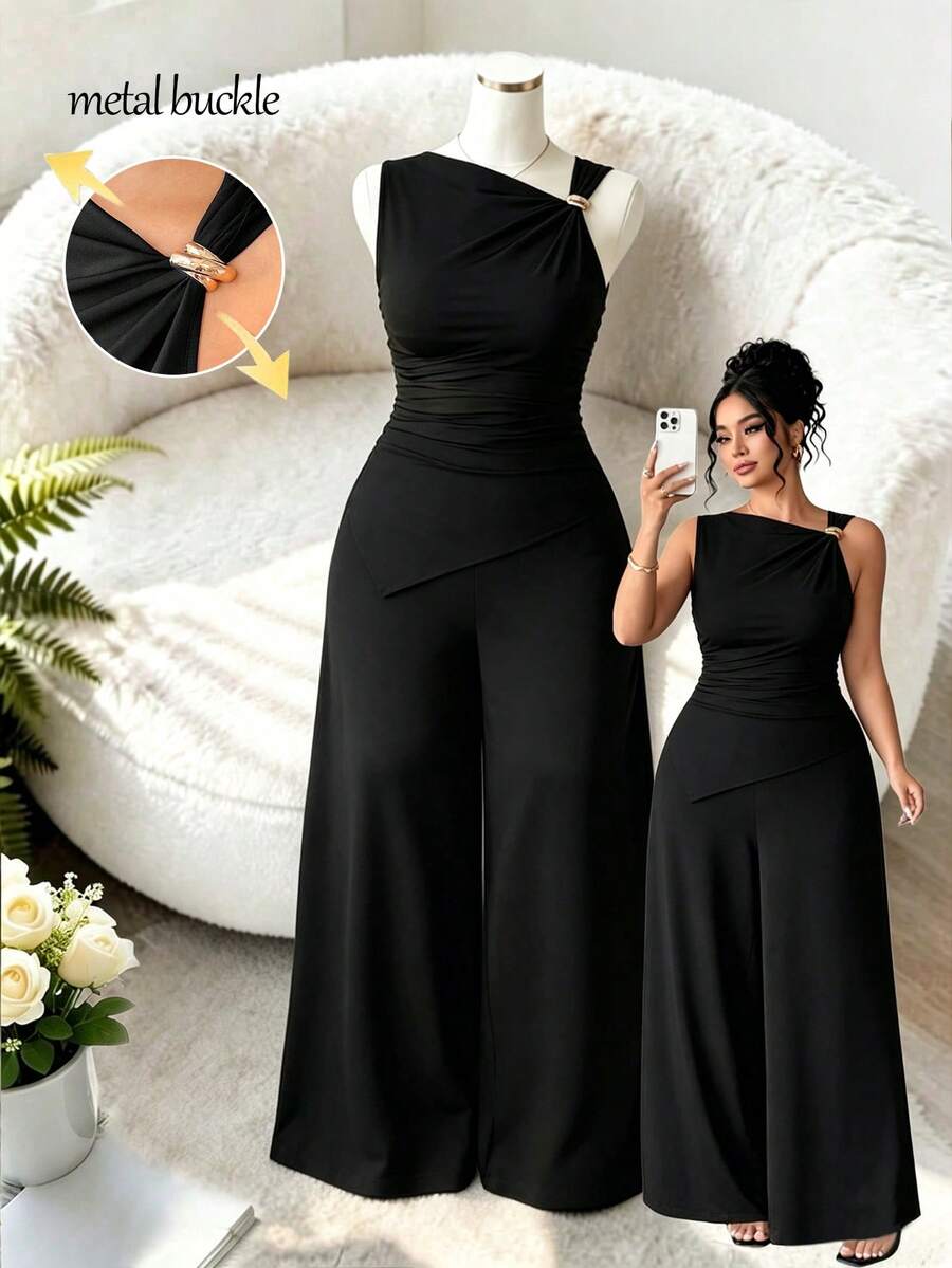 Elenzga Plus Size Women's New Black Sleeveless Asymmetric Shoulder Decor Button Waist Ruched Top And Wide Leg Pants Casual Versatile 2-Piece Set - Black - View 1
