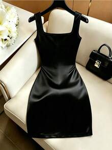 SHEIN Women's Summer Black Glossy Satin Square Neck Single-Breasted Metal Button Ruched Waist Bodycon Mini Skirt, Multi-Layer Side Gathered, Elegant Mini Skirt - Black - View 2