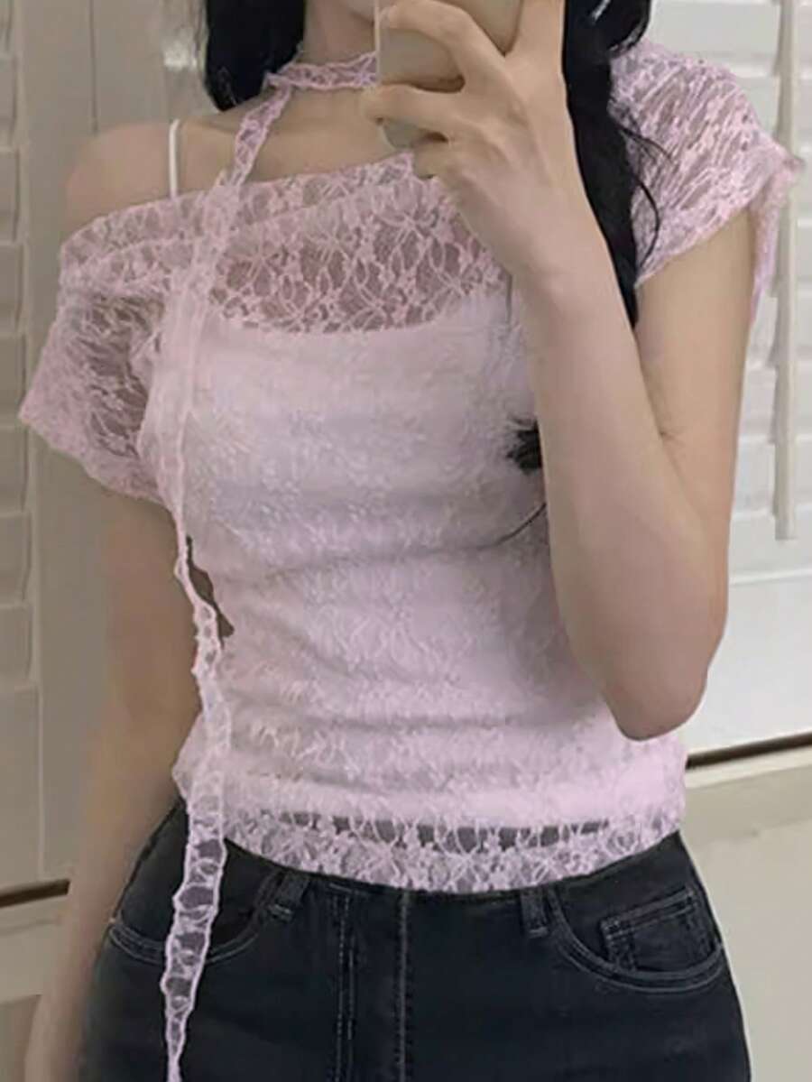 DAZY 春夏情人節婚禮休閒度假海灘蕾絲罩衫半透網紗修身女款上衣 - 粉色 - 查看 1