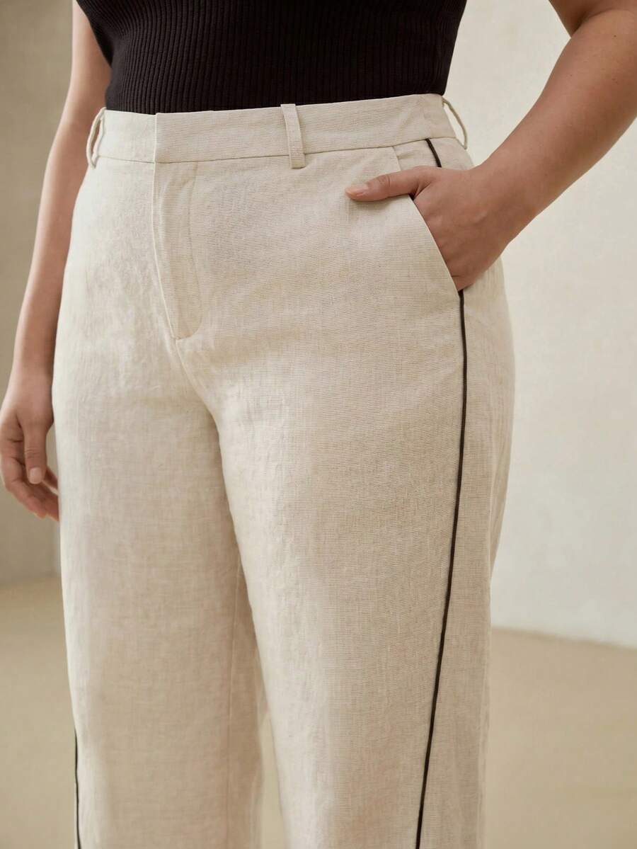 MOTF PREMIUM PLUS SIZE WOMEN'S LINEN CONTRAST PIPING STRAIGHT LEG PANTS FALL - Apricot - View 2