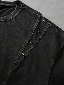 ROMWE MEN Camiseta de manga corta de cuello redondo con remaches y estampado de estrella, de uso casual y versátil para uso diario - Negro - Ver 4