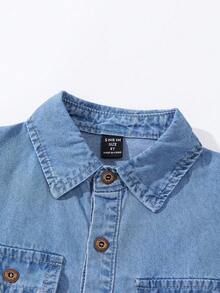 SHEIN Explorewe Denimly West Wild 學院風戶外風男童翻蓋貼袋牛仔水洗藍短袖襯衫 - 中等水洗藍 - 查看 4