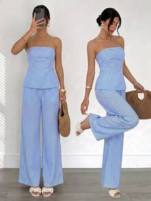 Firerie Women's Blue And White Stripe Bandeau Top And Elastic Waist Long Pants Set, Casual Coastal Hawaiian, Daily Minimalist Vacation, Spring/Summer Elegant - Blue and White - View 2