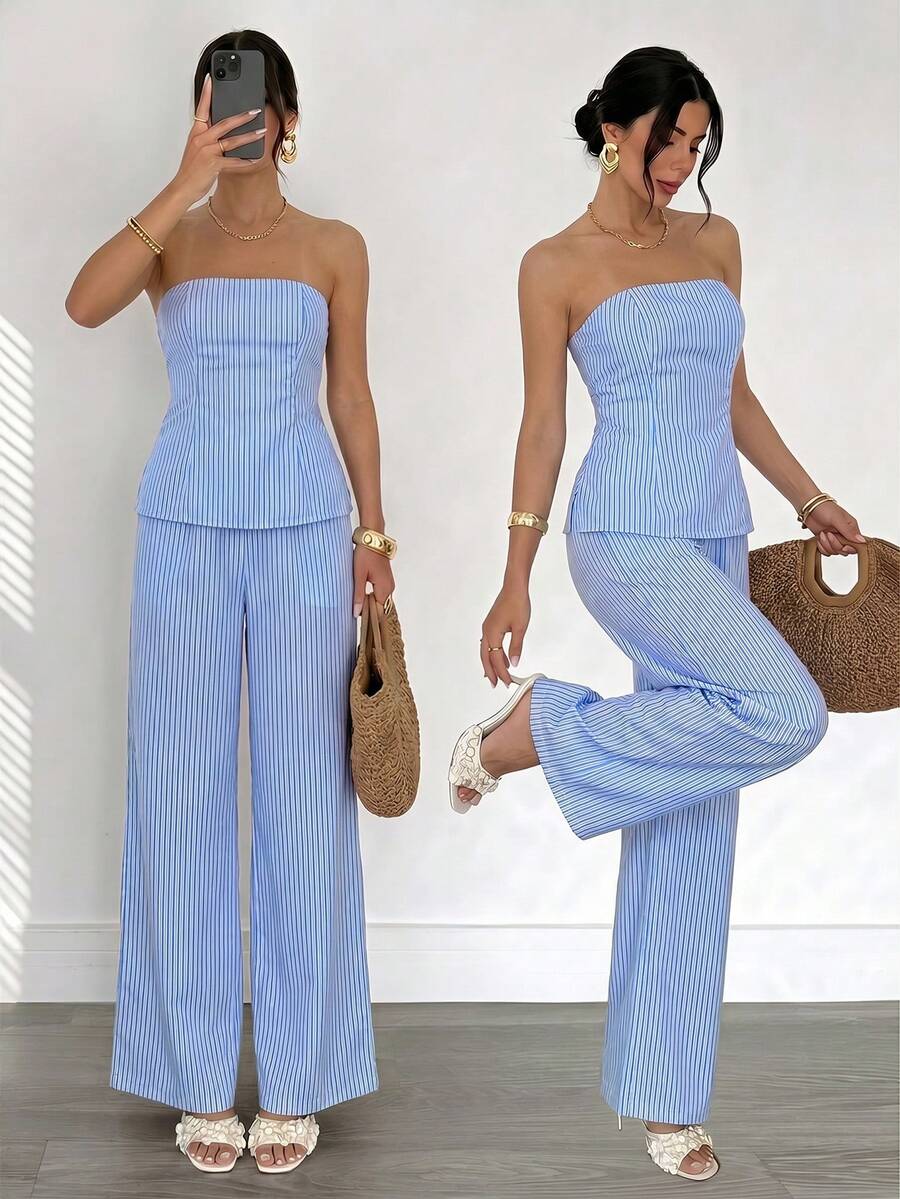 Firerie Women's Blue And White Stripe Bandeau Top And Elastic Waist Long Pants Set, Casual Coastal Hawaiian, Daily Minimalist Vacation, Spring/Summer Elegant