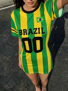 INAWLY Solva Summer Casual Colorblock Striped Brazil Print Mini Dress - Multicolor - View 1