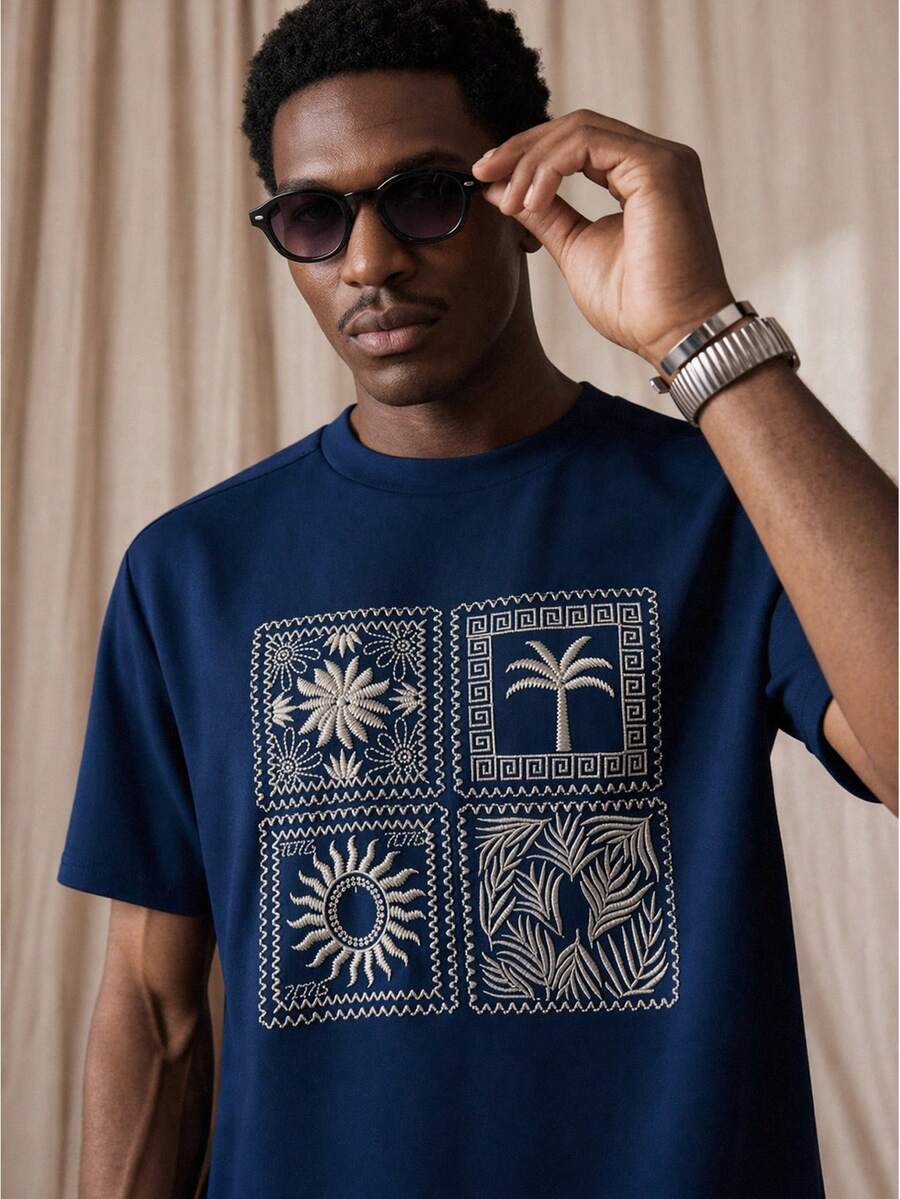 Vientiro 男款刺繡印花圓領落肩時尚休閒百搭短袖T恤