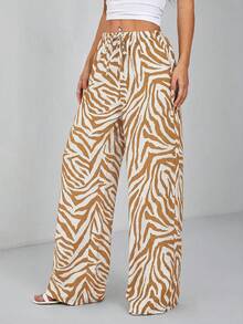 SHEIN PETITE 女款時尚動物印花斑馬紋寬腿褲 - 卡其色 - 查看 5