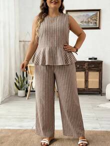 SHEIN LUNE Plus Size Women's Beige Ruffle Hem Sleeveless Shirt And Wide Leg Pants Casual Two Pieces Set Vacation Summer Wedding Guest - Multicolor - View 5