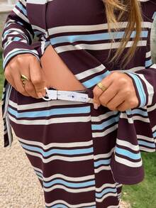 Lyckli Maternity Round Neck Striped Pattern Long Sleeve T-Shirt And Long Pants Casual Soft Form 2 Pieces Set Autumn Dates Vacation Gender Reveal Burgundy - Multicolor - View 6