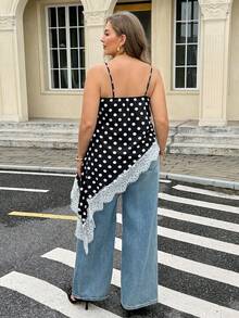 Easura Women's Polka Dot Lace Patchwork Asymmetrical Hem Tummy Control Slimming Elegant Versatile Plus Size Camisole Vacation Black And White Summer - Black and White - View 3