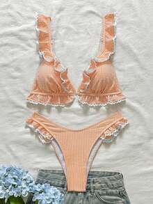Swim Mod Girl's Special Fabric Striped Ruffle Triangle Bikini Top And V-Cut Flounce Triangle Bottom 2-Piece Set - Orange - View 4