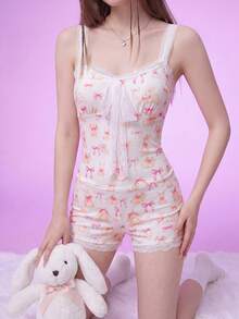 Notgurli Women's Cartoon Rabbit Print Contrast Lace Lingerie Romper Shorts - Multicolor - View 5