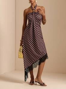 SHEIN LUNE Women's Elegant Retro 90s Vacation Daily Halter Neck Asymmetric Hem Lace Patchwork Dress Party Brown And White Polka Dot Summer - Brown - View 1