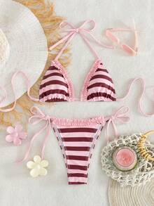 Swim Mod 2件組夏季新款綠色印花性感露背掛脖綁帶女款泳衣 - 淺粉色 - 查看 1