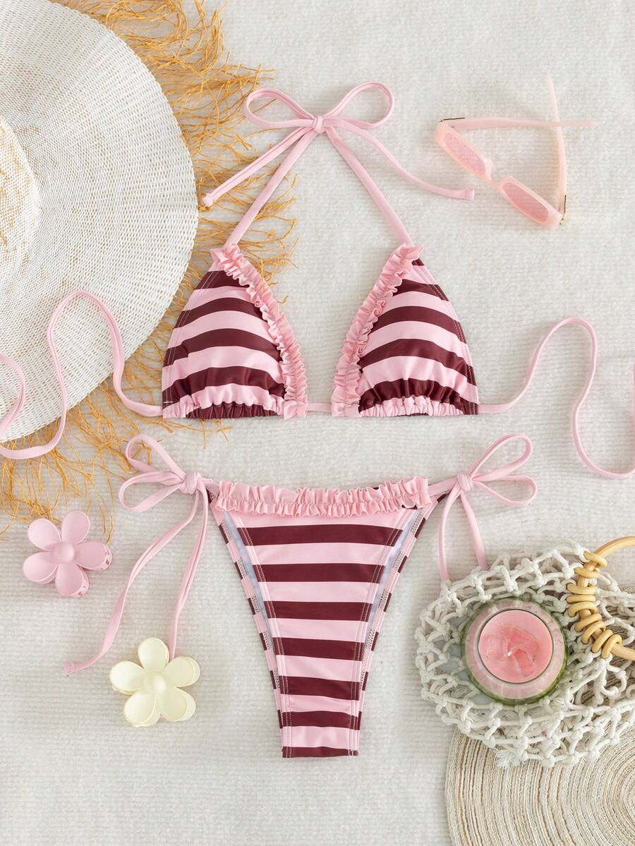 Swim Mod 2件組夏季新款綠色印花性感露背掛脖綁帶女款泳衣 - 淺粉色 - 查看 1