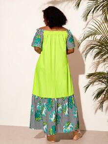 BrightlyHer Vestido de moda a rayas con hombros descubiertos para mujer talla grande para vacaciones - Multicolor - Ver 3