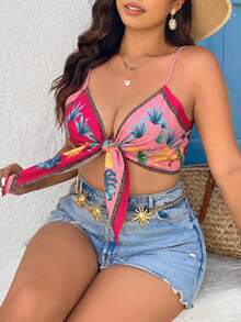SHEIN VCAY Plus Size Women's Floral Print Pleated Casual Sexy Vacation Travel Camisole Top Beach Beach Vacation Pink Summer - Pink - View 4
