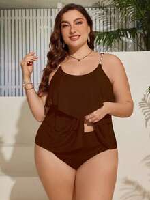 SHEIN Swim Curve 大尺碼女款純色串珠細肩帶上衣與三角比基尼泳褲兩件式泳衣套裝，夏季度假海灘棕色優雅款 - 咖啡棕 - 查看 3