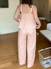 Dazy Plus 2件組碎花可愛細肩帶上衣與長褲睡衣套裝，粉色，春夏款 - 粉色 - 查看 7