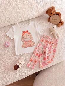 SHEIN Bộ 4 món đồ ngủ cho bé gái, họa tiết gấu hoạt hình dễ thương và hoa, cổ tròn, tay ngắn, viền bèo nhún, chất liệu dệt kim, thoải mái. - Nhiều màu - Xem 4